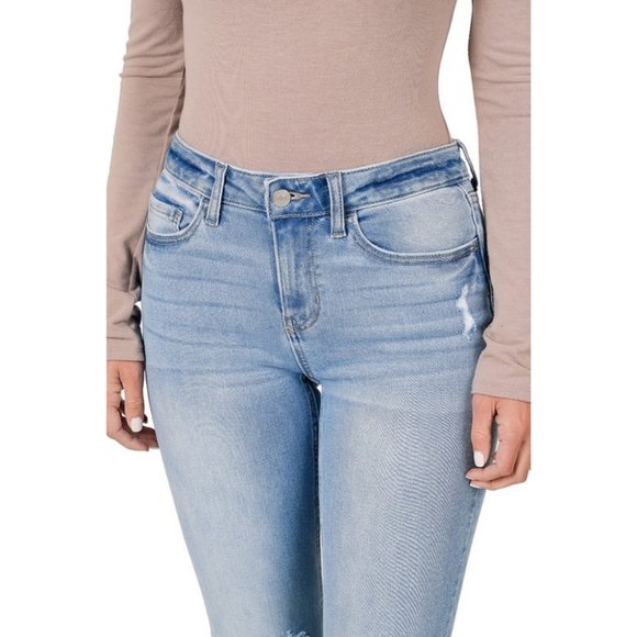 Light Wash Blue Distressed Flare Stretch Denim Jeans NWT - Picture 6 of 13